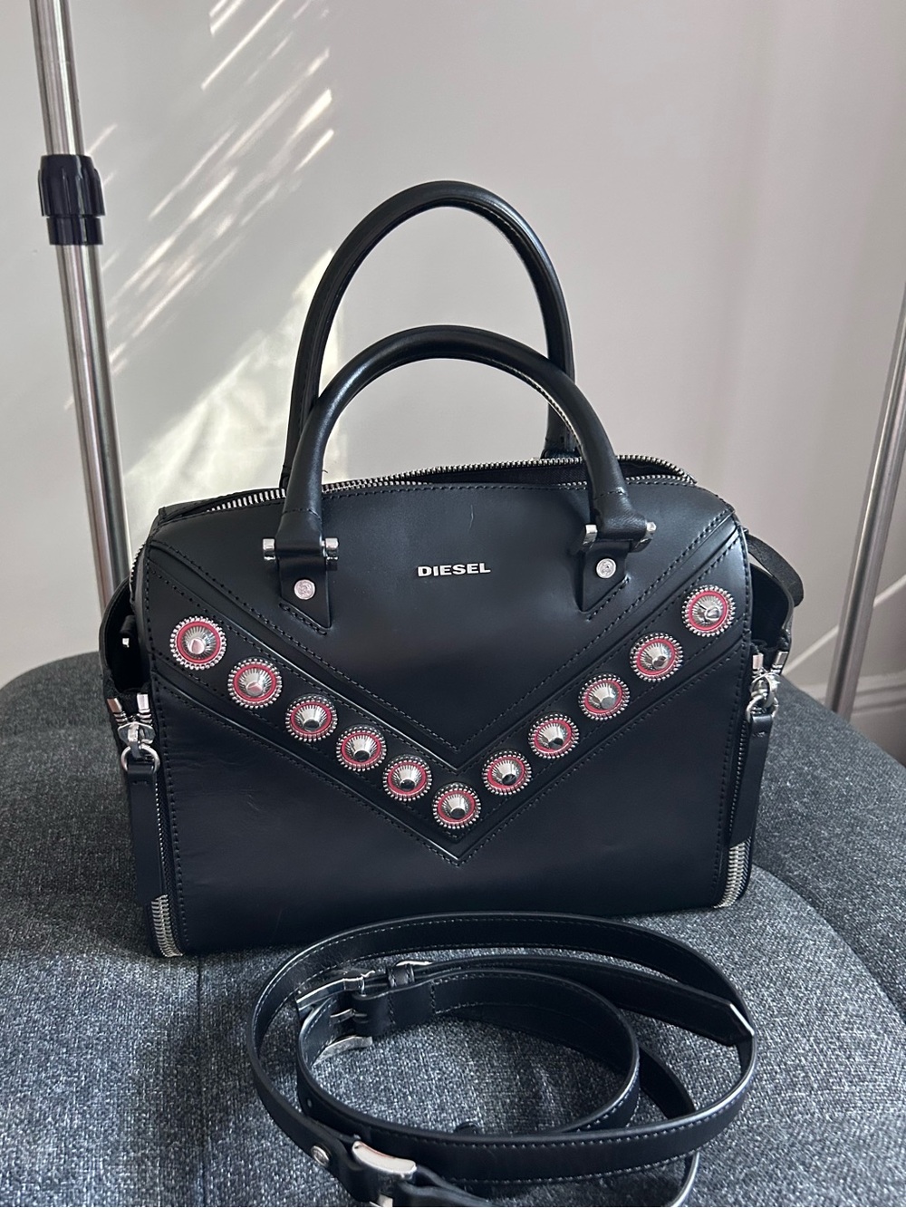 Diesel Black Leather Satchel with Red Grommet Accents in genuine leather - Picture 1 of 14